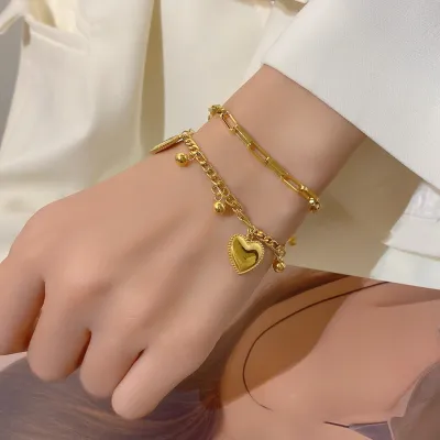 18k Gold Plated Double Layer Heart Chain Bracelet 